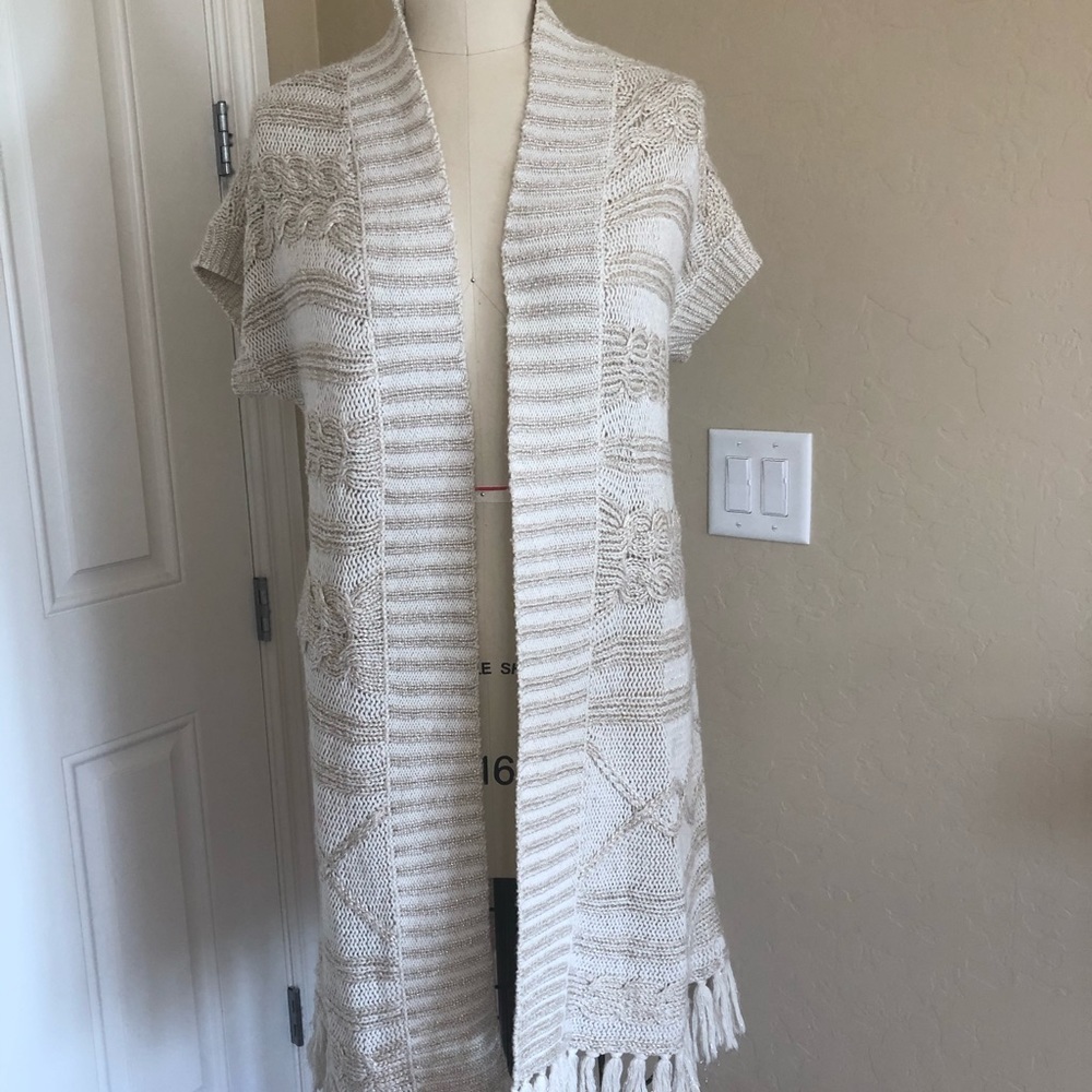 Chico’s gold &creme fringed long vest size 1